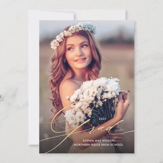 繊細な金ゴールドスクリプト1写真の卒業パーティー 招待状 (正面)