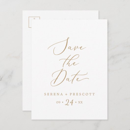 繊細な金ゴールドセーブ・ザ・デート案内はがき インビテーションポストカード (正面/裏面)