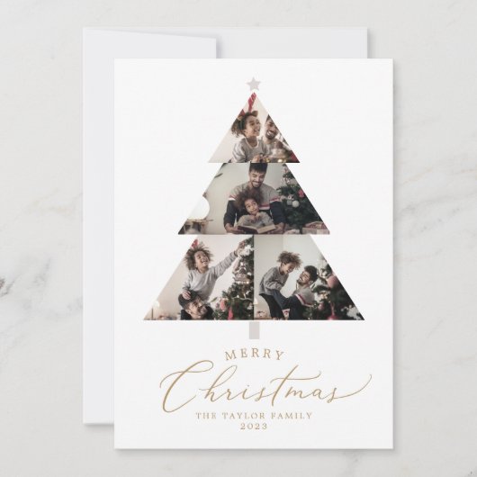 繊細な金ゴールドメリークリスマスツリー5写真ニュース シーズンカード (正面)