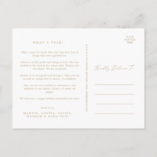 繊細な金ゴールドメリークリスマス3フォトニュースレター シーズンポストカード (裏面)