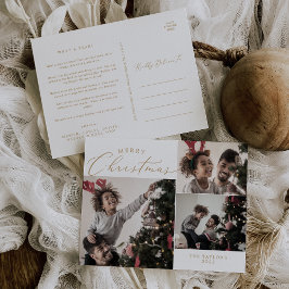 繊細な金ゴールドメリークリスマス3フォトニュースレター シーズンポストカード