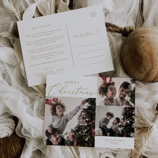 繊細な金ゴールドメリークリスマス3フォトニュースレター シーズンポストカード
