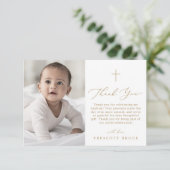 繊細な金ゴールド写真ミニマルシンプルクロスバプテスマ サンキューカード (スタンド正面)