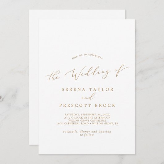 繊細な金ゴールド書道モノグラムバック結婚ズ 招待状 (正面/裏面)