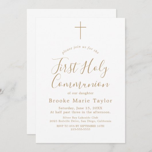 繊細な金ゴールド書道第一聖餐式 招待状 (正面/裏面)