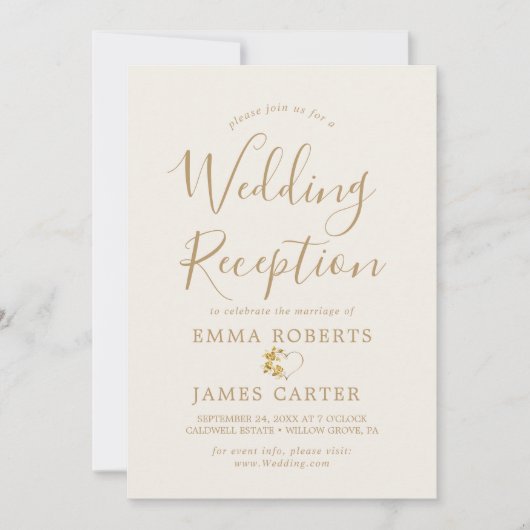 繊細な金ゴールド書道結婚式のレセプション 招待状 (正面)