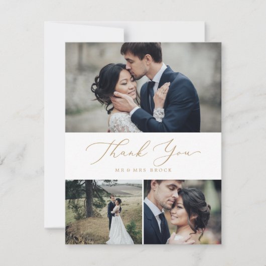 繊細な金ゴールド書道3写真コラージュ サンキューカード (正面)