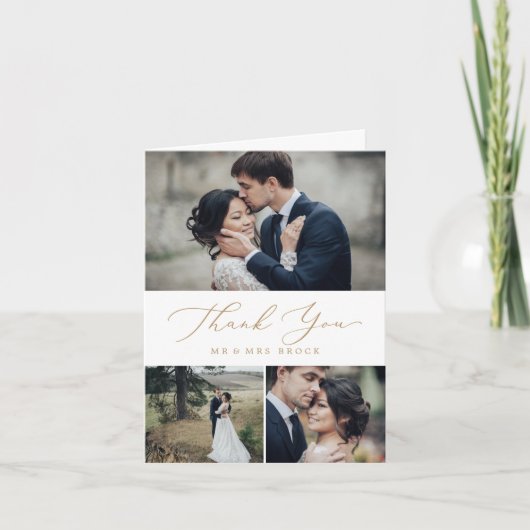 繊細な金ゴールド書道3写真コラージュ サンキューカード (正面)