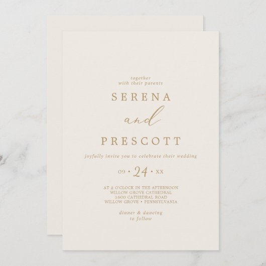 繊細な金ゴールド書 |クリーカジュアルム結婚 招待状 (正面/裏面)