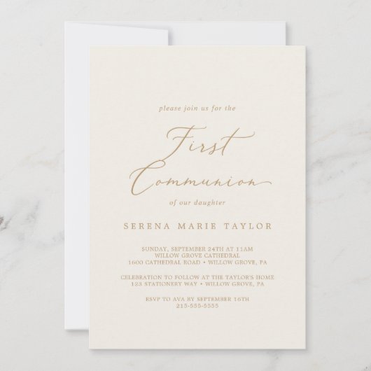 繊細な金ゴールド書 |クリームファースト聖体 招待状 (正面)