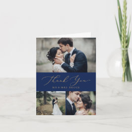 繊細な金ゴールド書 |ネイビー3フォトコラージュ サンキューカード