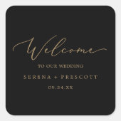 繊細な金ゴールド書 |ブラック結婚ズ・ウェルカム スクエアシール (正面)
