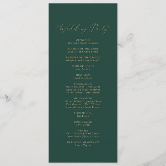 繊細な金ゴールド書 |緑の結婚式 プログラム (裏面)