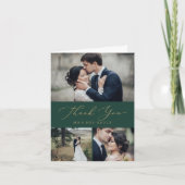 繊細な金ゴールド書 |緑3枚のフォトコラージュ サンキューカード (正面)