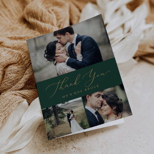 繊細な金ゴールド書  緑3枚のフォトコラージュ サンキューカード