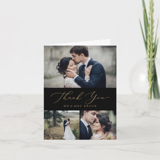 繊細な金ゴールド書 |黒3枚のフォトコラージュ サンキューカード (正面)