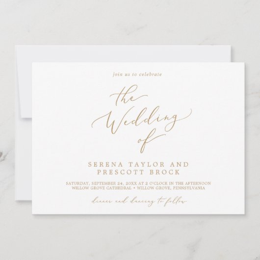 繊細な金ゴールド週末のイベント水平結婚の 招待状 (正面)