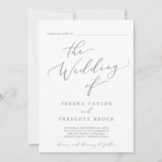 繊細な銀色のゲスト結婚名 招待状 (正面)