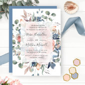 繊細な開花と緑、ほこりっぽいブルー結婚ズ 招待状