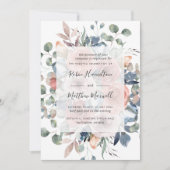 繊細な開花と緑、ほこりっぽいブルー結婚ズ 招待状 (正面)