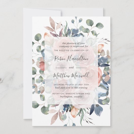 繊細な開花と緑、ほこりっぽいブルー結婚ズ 招待状 (正面)