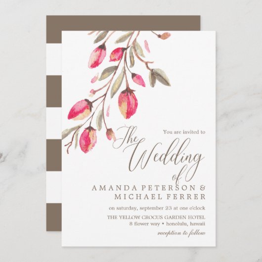 繊細な開花タイポグラフィ結婚素朴の垂直 招待状 (正面/裏面)