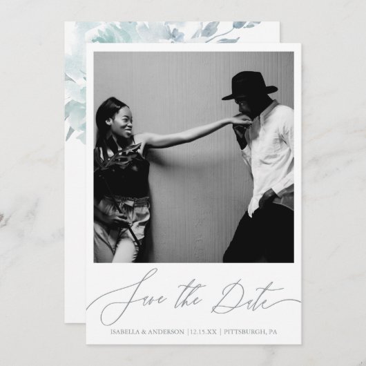 繊細な青いフローラ書道写真 セーブザデート (正面/裏面)