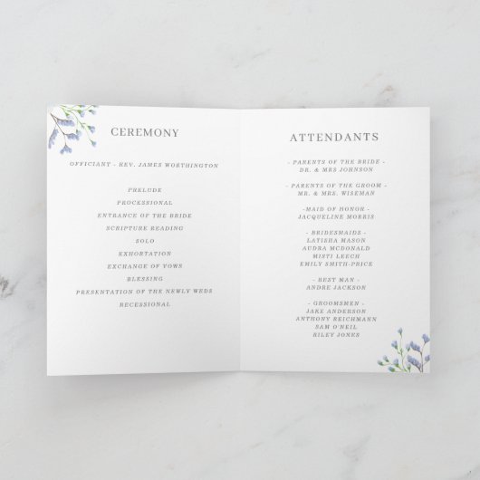 繊細な青い水色のフローラ結婚の折り畳み プログラム (内部)