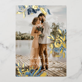 繊細な青い花と金の華 Save the Date 箔招待状