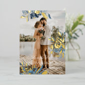 繊細な青い花と金の華 Save the Date 箔招待状 (立ち正面)