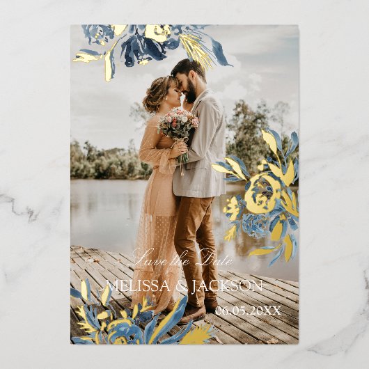 繊細な青い花と金ゴールド開花日付を保存 箔招待状 (正面)