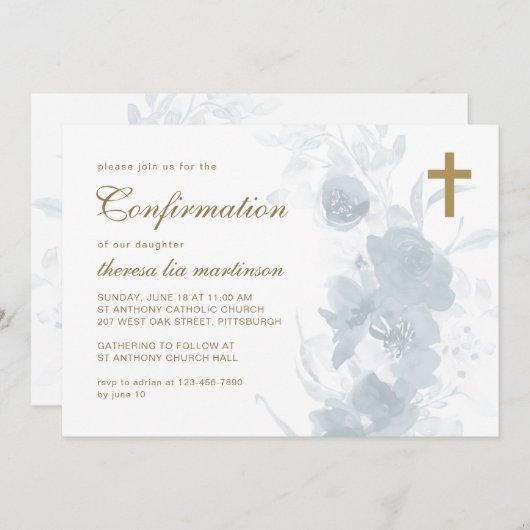 繊細な青い花のクロス確認デザイン 招待状 (正面/裏面)