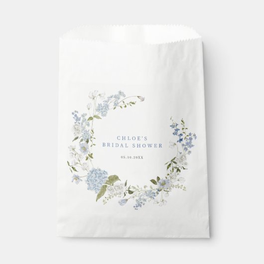 繊細な青い花のリース ブライダルシャワー フェイバーバッグ (正面)