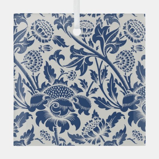 繊細な青い花の模様が明るい背景に ガラスオーナメント (正面)