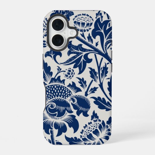繊細な青い花の模様が明るい背景に iPhone 16ケース (裏面)