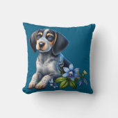 繊細な青い花を持つ青いダニの犬の子犬 クッション (正面)