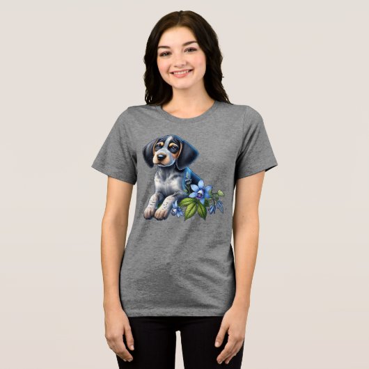 繊細な青い花を持つ青いダニの犬の子犬 トライブレンドＴシャツ (正面全面)