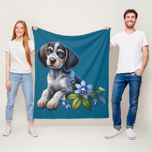 繊細な青い花を持つ青いダニの犬の子犬 フリースブランケット (インサイチュ)