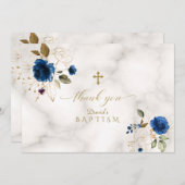 繊細な青い金ゴールド花金ゴールドクロスバプテスマ サンキューカード (正面/裏面)
