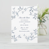 繊細な青と白のフランスのトイル日付を保存 招待状 (スタンド正面)