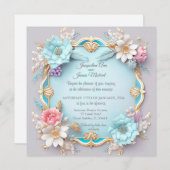 繊細な青と金の花のフレーム 招待状 (正面/裏面)