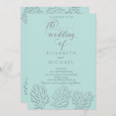 繊細な青のエンボス加工されたロマンチックなコーラルカラーのカリグラフィー 招待状 (正面/裏面)