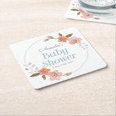 繊細な青の水色のフローラ赤ちゃんシャワー スクエアペーパーコースター (アングル)