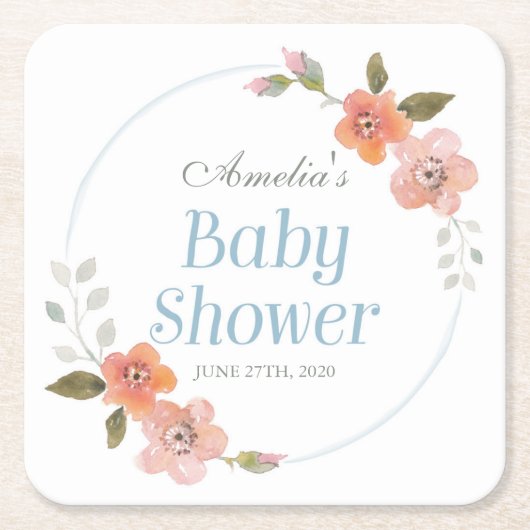 繊細な青の水色のフローラ赤ちゃんシャワー スクエアペーパーコースター (正面)