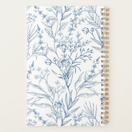 繊細な青の白の花のパターンのモノグラム2024 プランナー手帳 (裏面)
