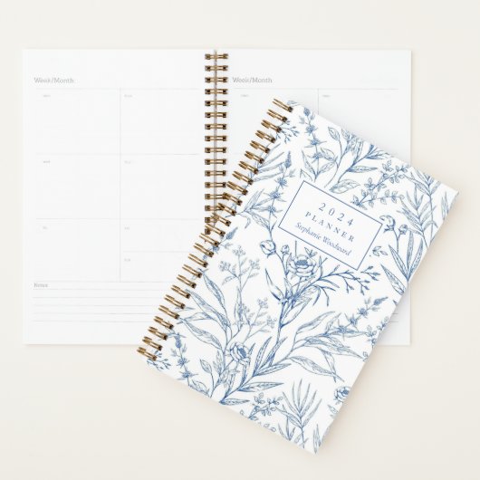 繊細な青の白の花のパターンのモノグラム2024 プランナー手帳 (ディスプレー)