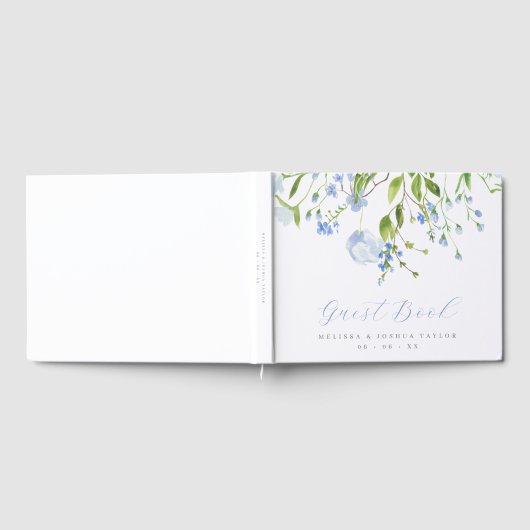 繊細な青の野生の花のスクリプト結婚ズ ゲストブック (全面)