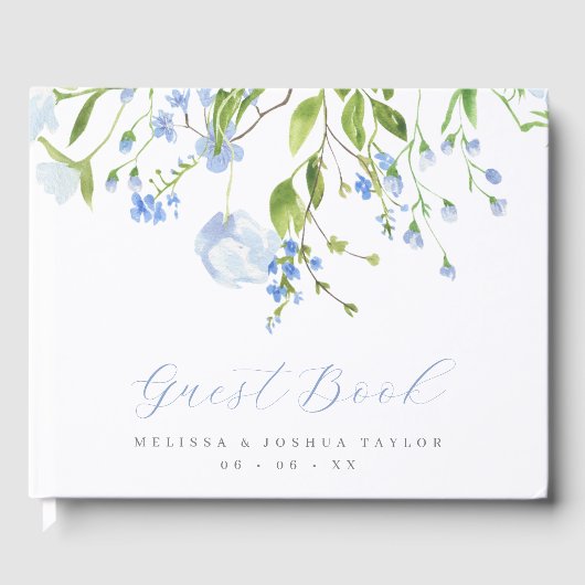 繊細な青の野生の花のスクリプト結婚ズ ゲストブック (正面)