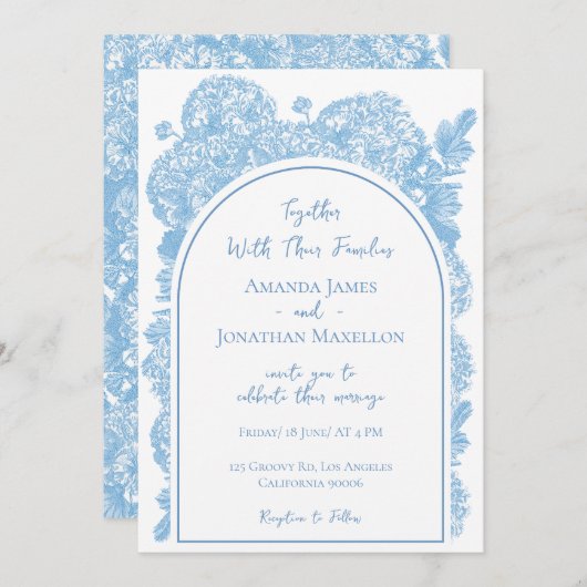 繊細な青結婚い花の弧 招待状 (正面/裏面)