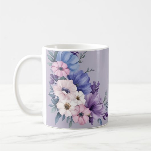 繊細な青、白、ピンク、紫の夏の開花 コーヒーマグカップ (左)